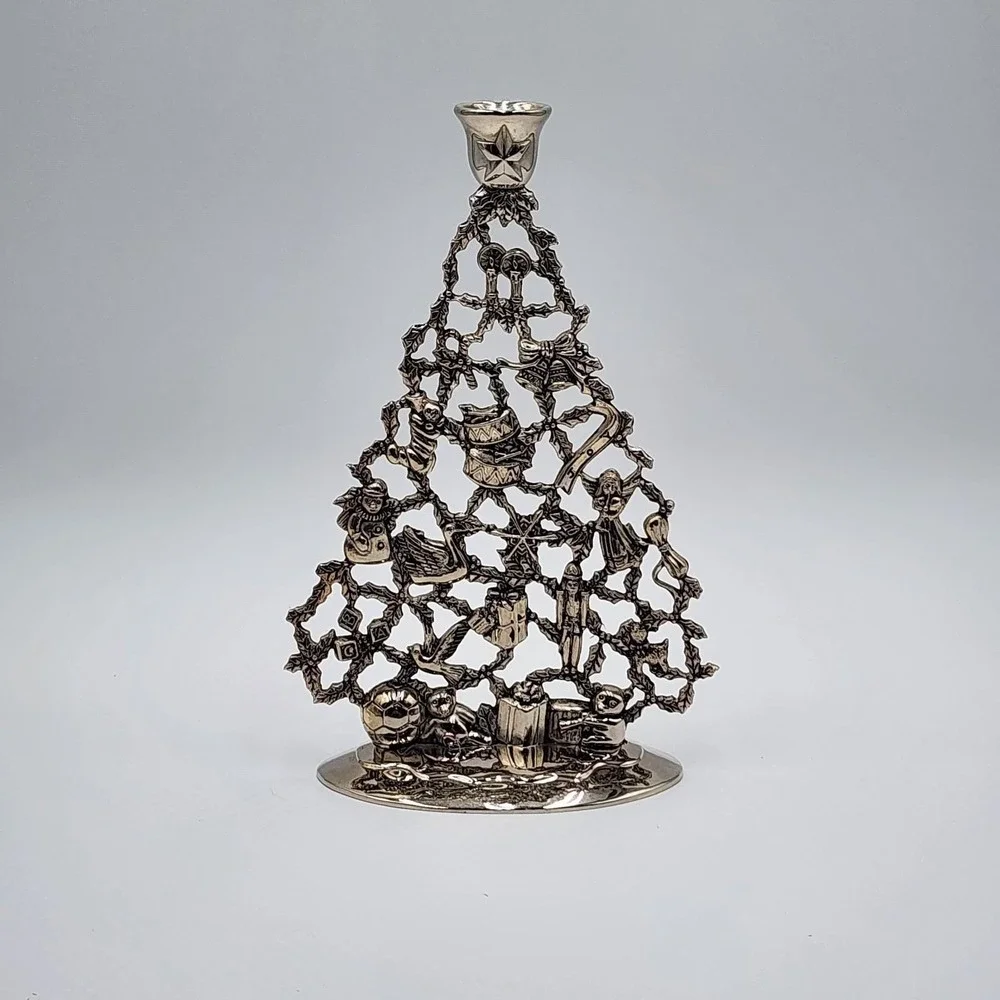Vintage Christmas Tree Candlestick Holder Silverplate Holiday Decor 9.75